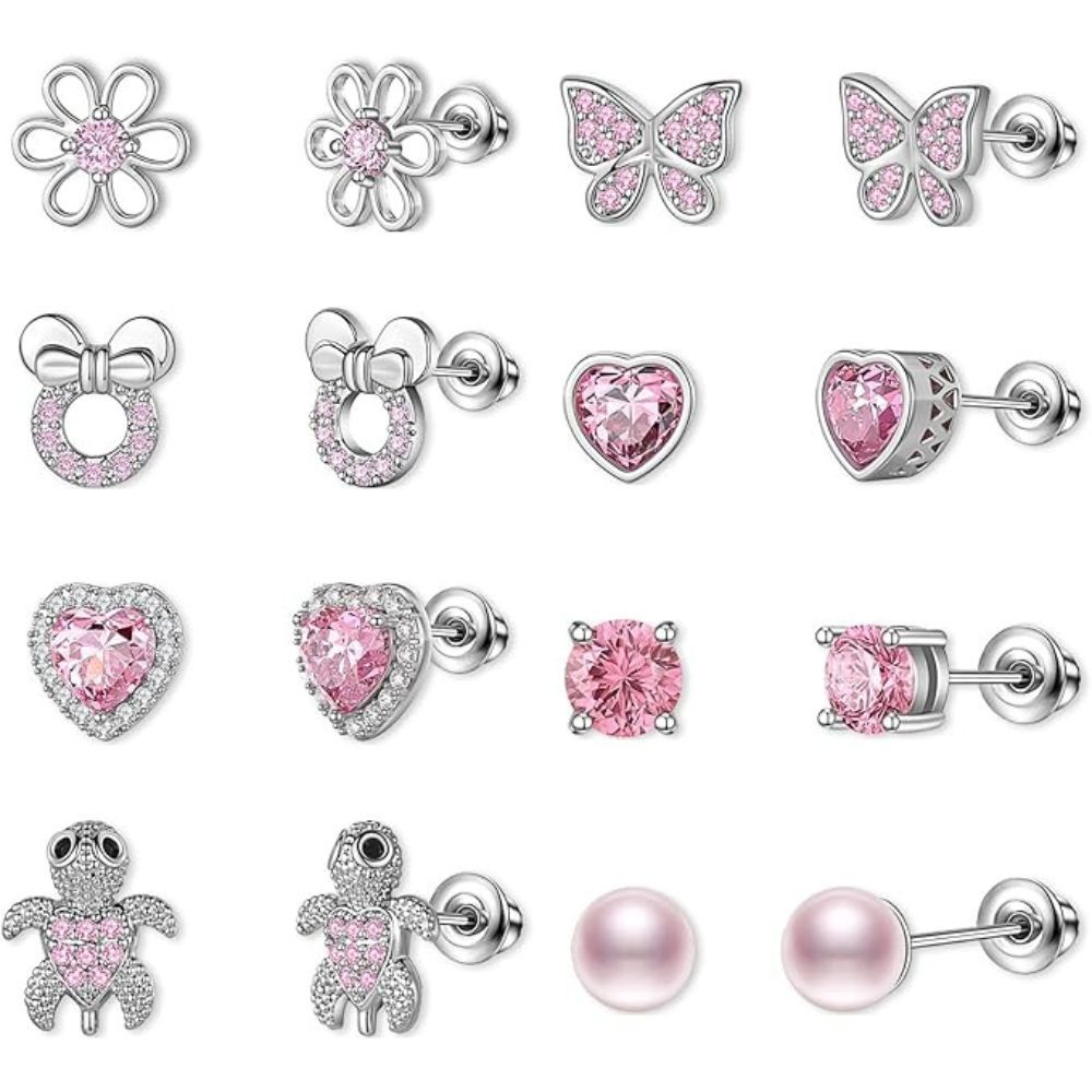 TOPBRIGHT 8 Pairs Hypoallergenic Earrings 925 Sterling Silver Stud Earrings Heart CZ Tiny Butterfly For Kids, Toddlers, Little Girls, Teens