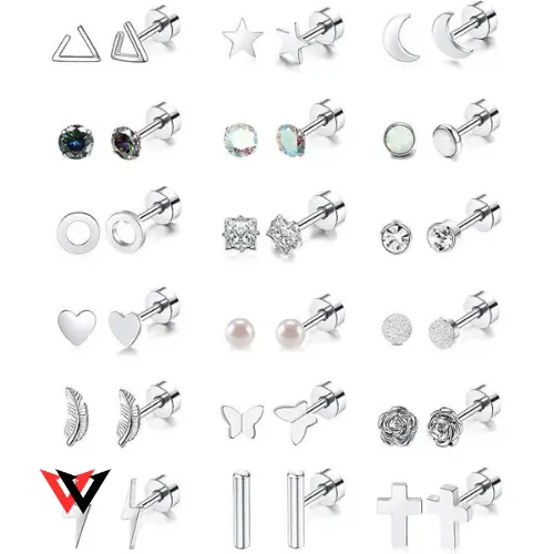 18 Pairs Stainless Steel Stud Earrings Set, Moon flower Heart Leaf Opal 20G Cartilage