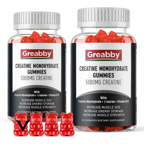 A person lifting weights with a bottle of GREABBY Creatine Monohydrate Pre-Workout Supplement in the background